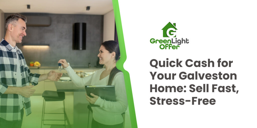 Man handing over house keys to a woman in a modern kitchen, promoting quick cash offers for Galveston homes with Greenlight Offer branding.