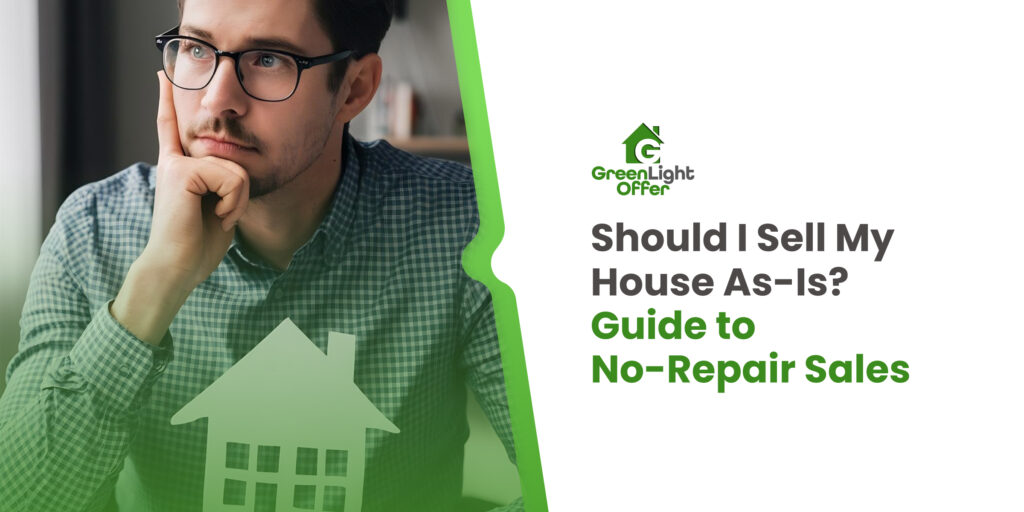 A thoughtful homeowner considering whether to sell my house as-is, shown with a home icon overlay representing no-repair property sales.