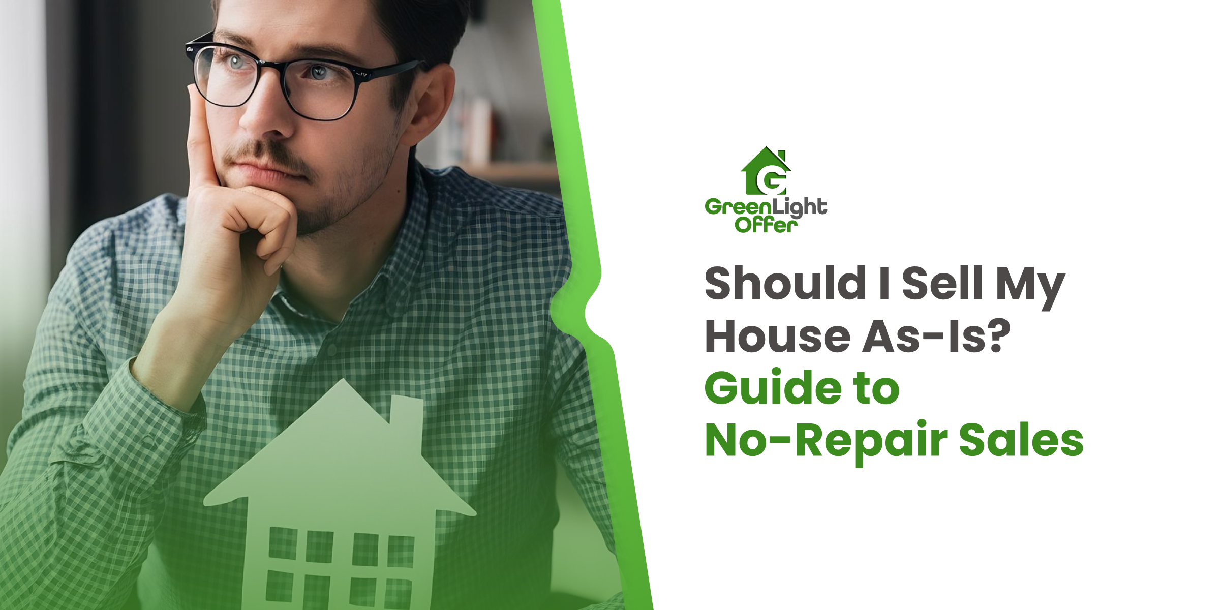 A thoughtful homeowner considering whether to sell my house as-is, shown with a home icon overlay representing no-repair property sales.