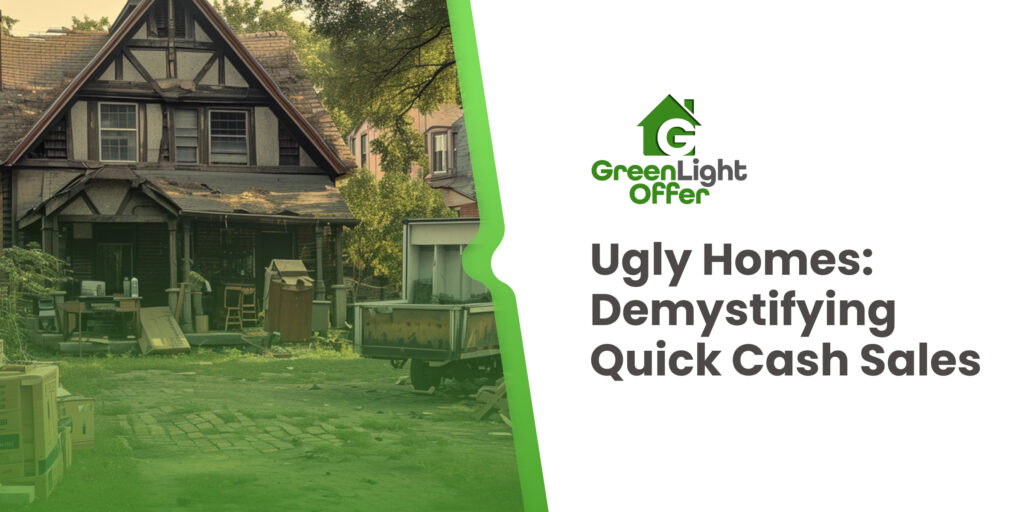 Old run-down house with clutter in the yard alongside GreenLight Offer branding, highlighting ugly homes and fast cash sales.