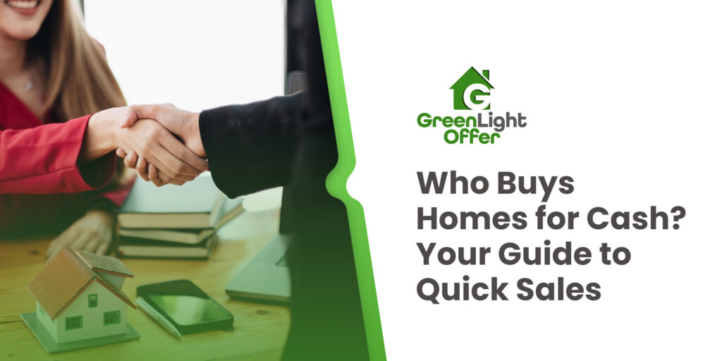 Handshake between individuals with a model house and cash offer text, representing Greenlight Offer's services for selling homes quickly for cash.