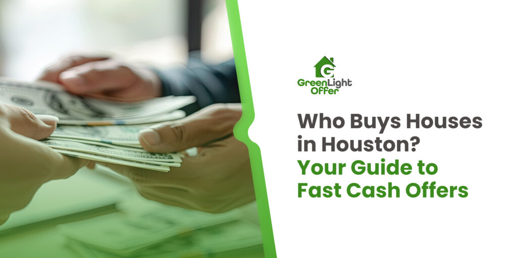 Hands exchanging cash with a focus on fast cash offers for selling houses in Houston, featuring GreenLight Offer.