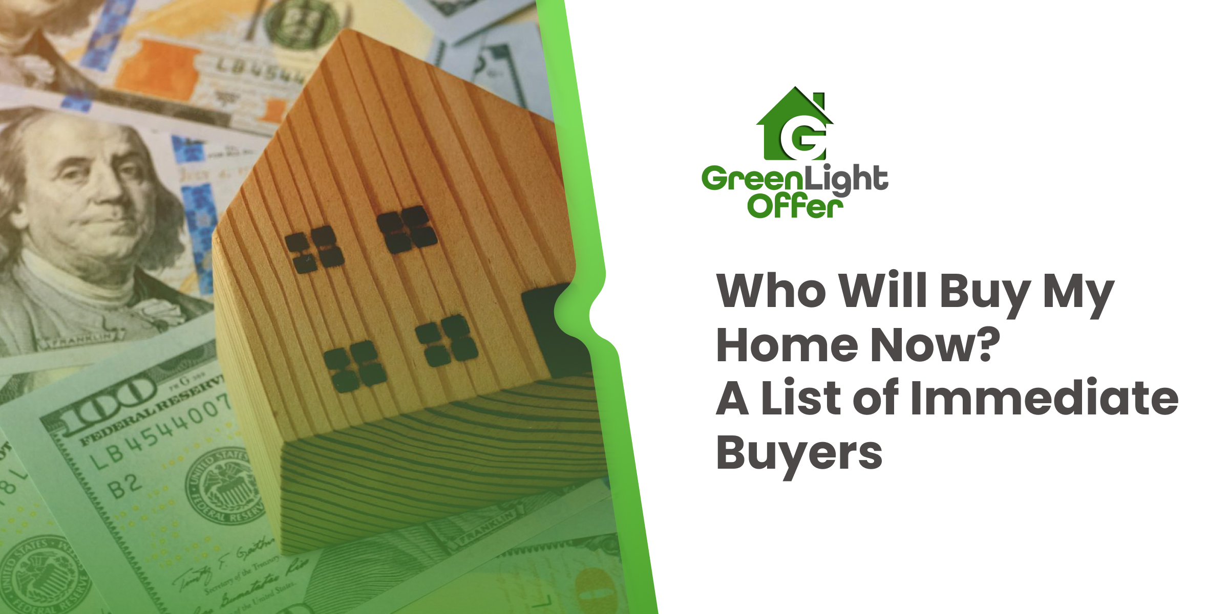 Banner with house model on cash background and text, promoting a guide on who can buy my home now with immediate buyers