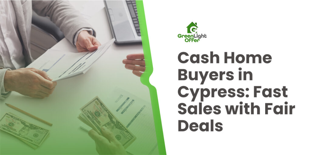 Homeowner reviewing paperwork and receiving cash during a quick property sale to a cash buyer in Cypress, Texas.