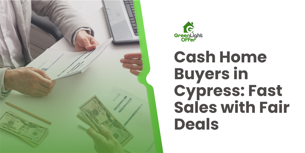 Homeowner reviewing paperwork and receiving cash during a quick property sale to a cash buyer in Cypress, Texas.
