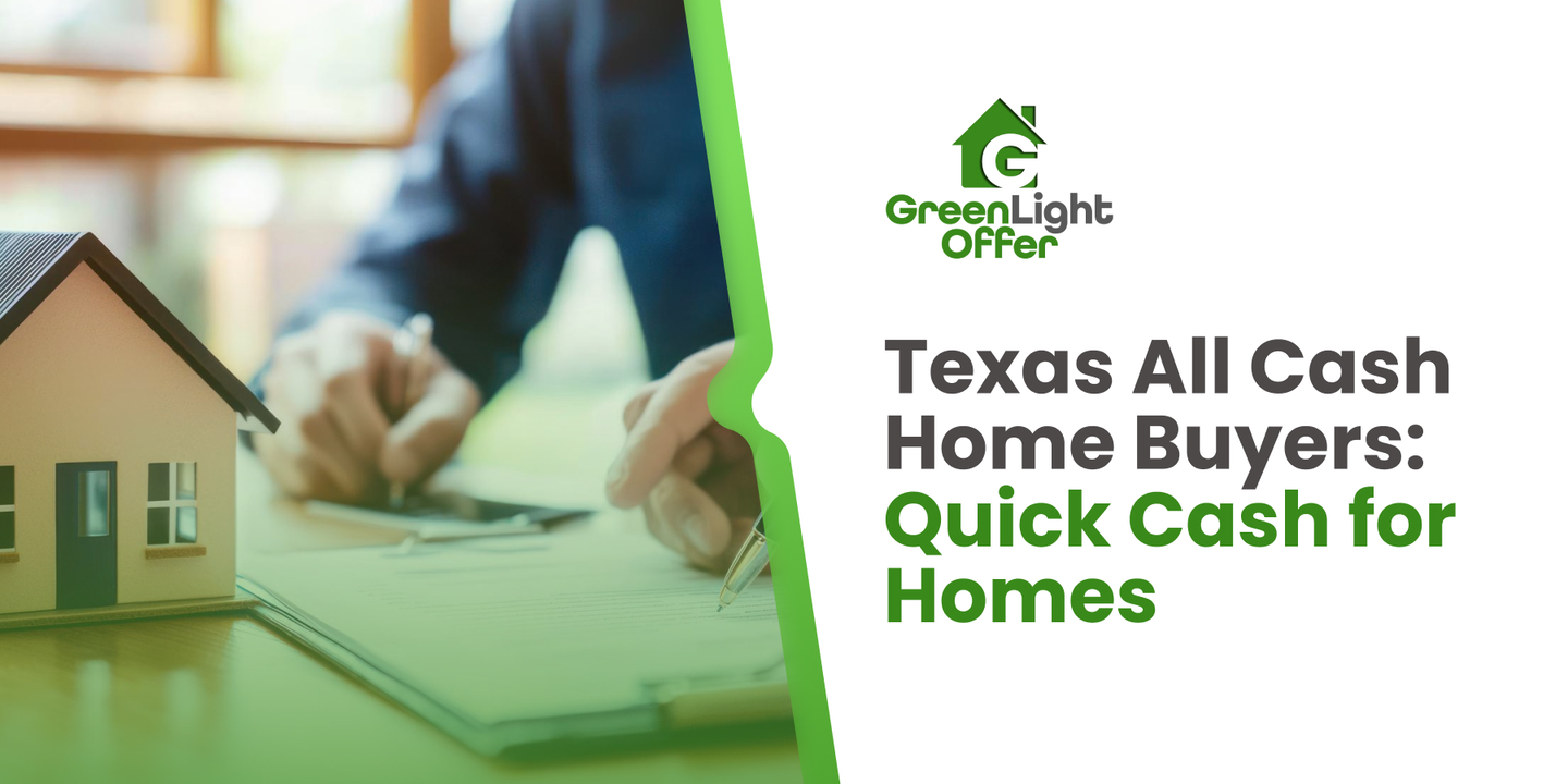 Texas All Cash Home Buyers logo and miniature house model on a desk with a person signing documents, representing quick cash offers for homes in Texas.