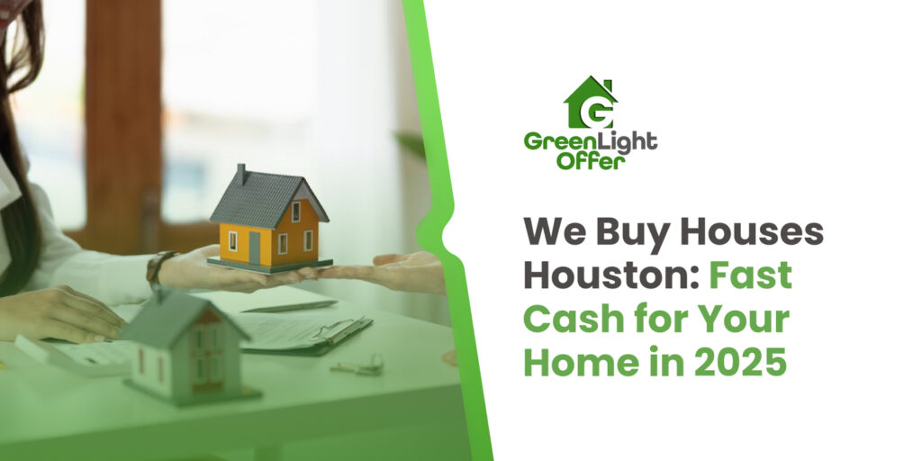 A homeowner handing over a miniature house model to a representative, symbolizing a fast cash home sale in Houston with Greenlight Offer.