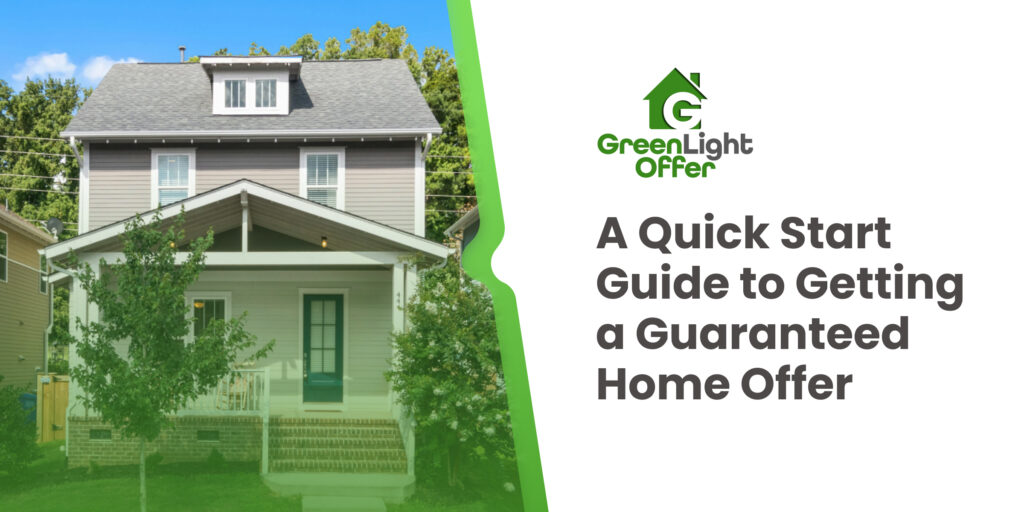 Image of a modern home beside text promoting a quick guide that helps sellers secure a guaranteed offer for my home through a simple process.