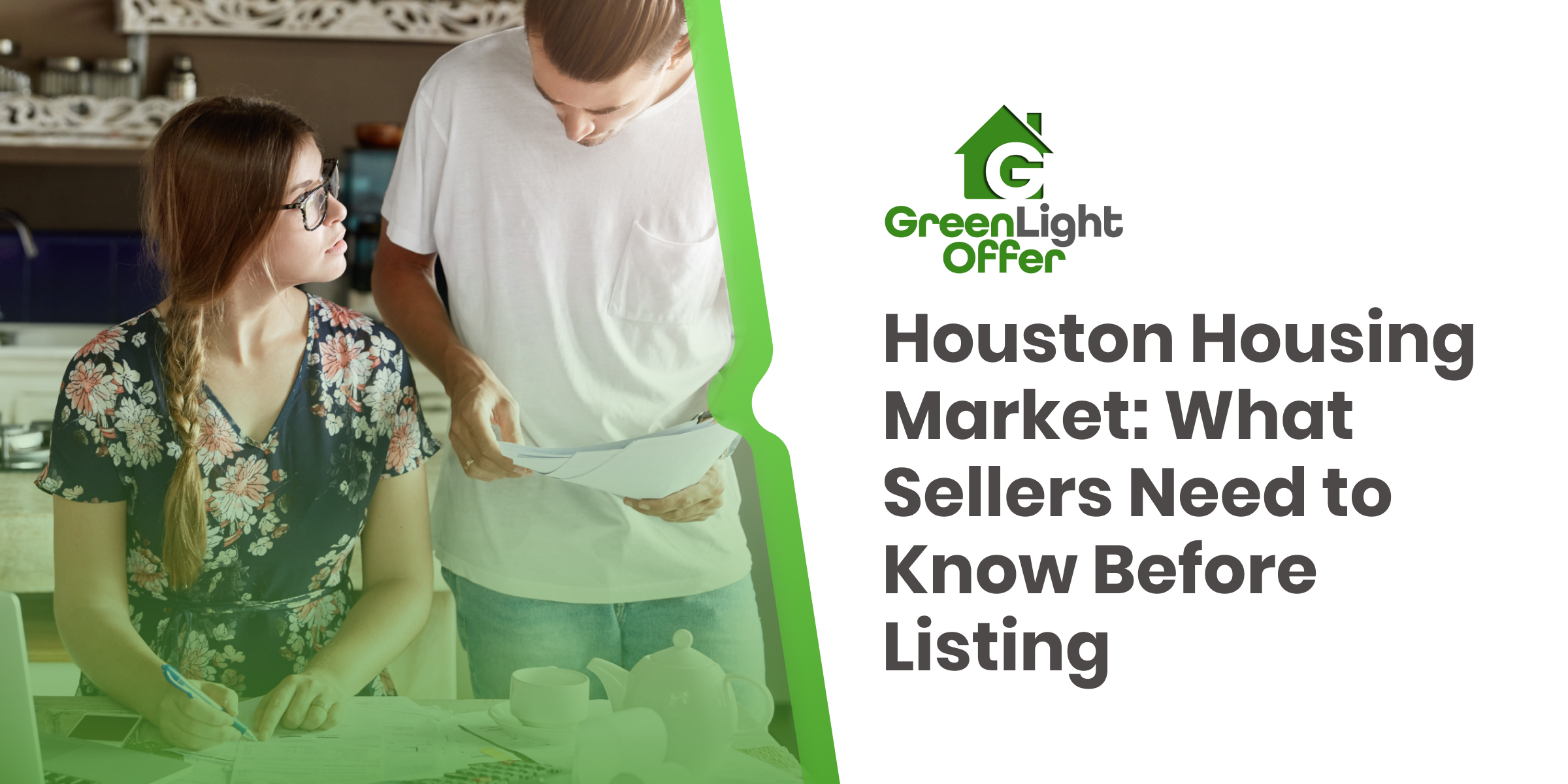 Couple reviewing paperwork at home while using a Houston housing market seller guide before listing property.