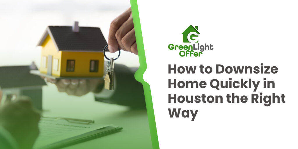 Homeowner holding house model and keys during paperwork meeting, illustrating steps to downsize home quickly Houston with fast sale options