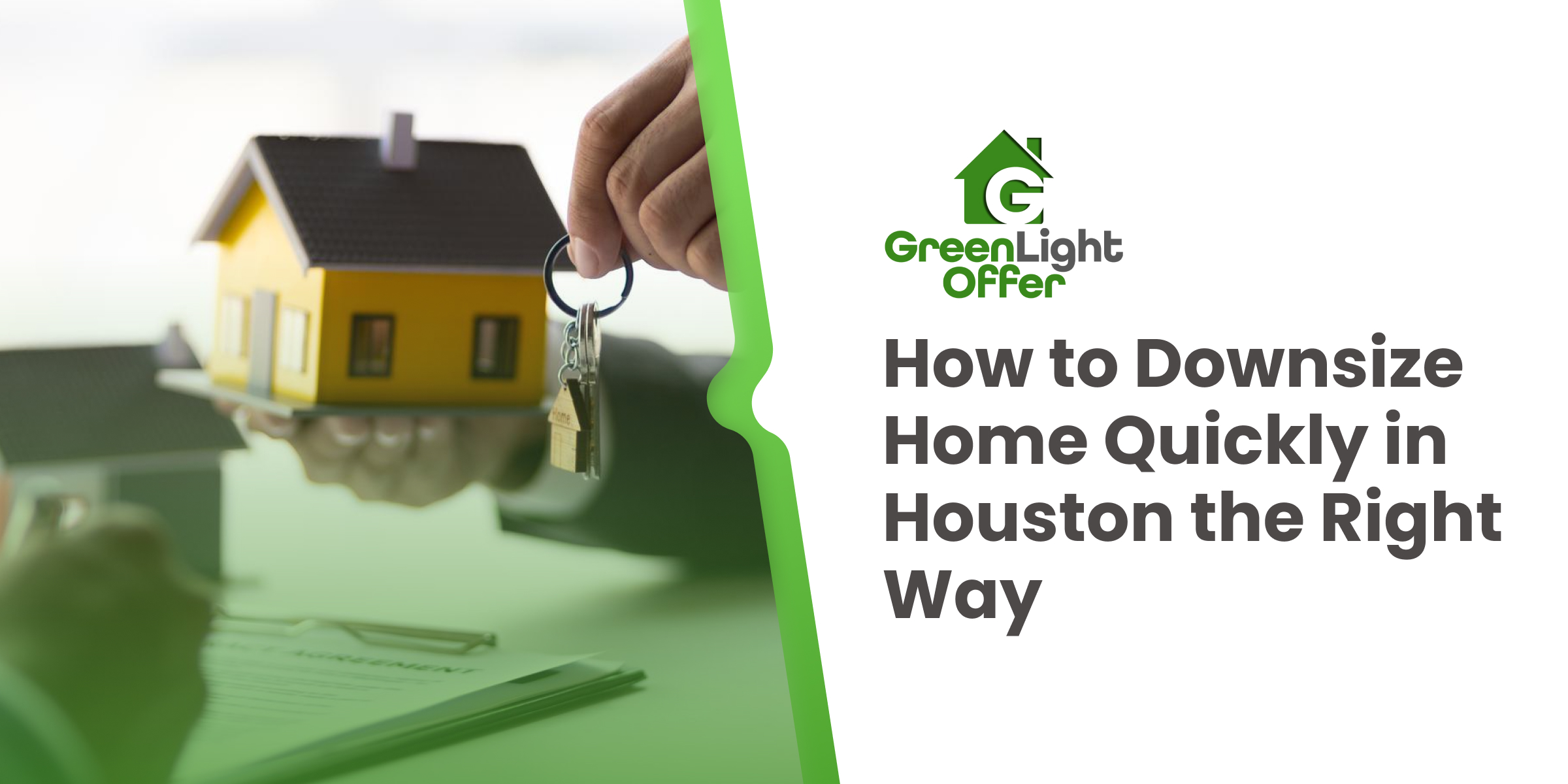 Homeowner holding house model and keys during paperwork meeting, illustrating steps to downsize home quickly Houston with fast sale options