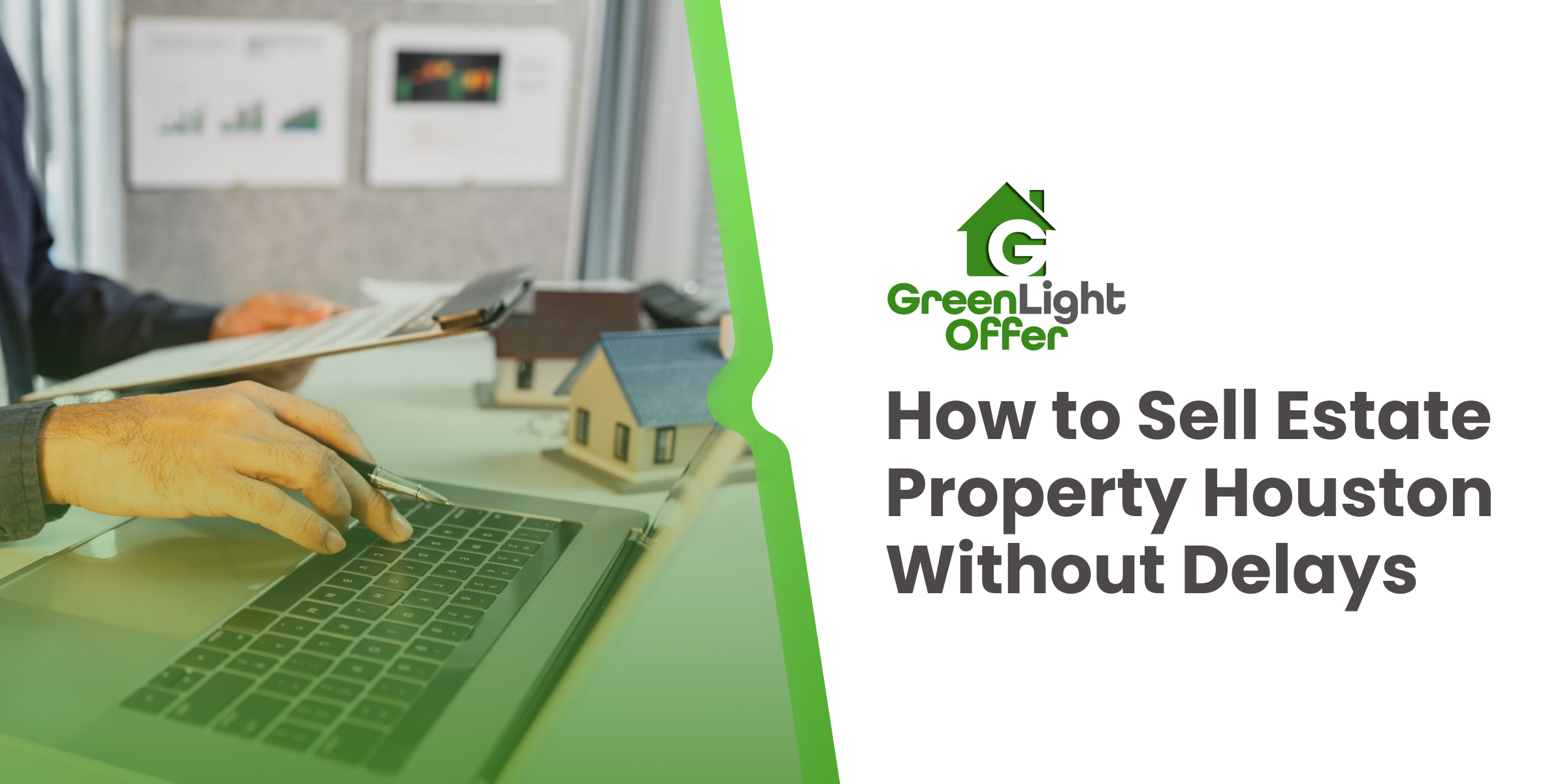 Real estate agent working on laptop with model home and documents, guiding homeowners to sell estate property Houston faster.