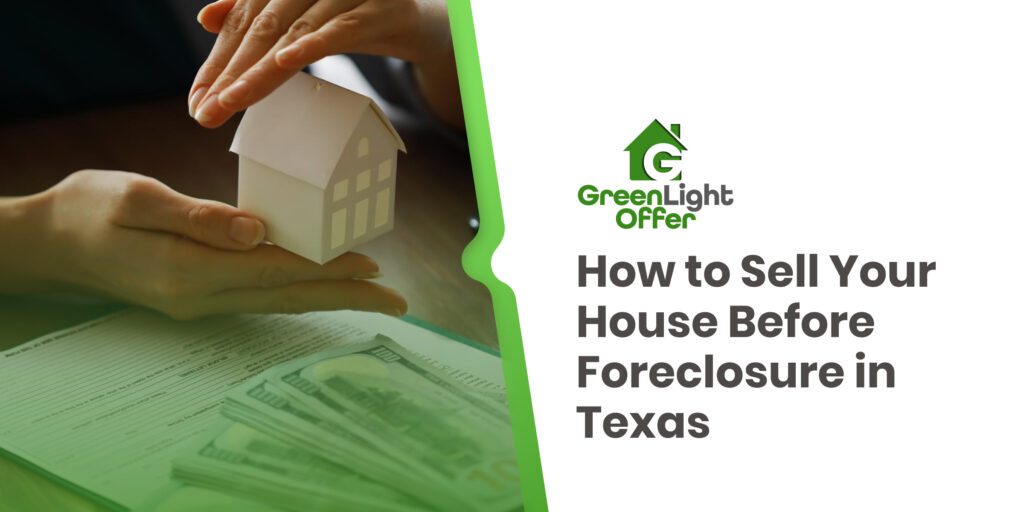 Homeowner protecting a model house with cash and documents while planning to sell house before foreclosure Texas.