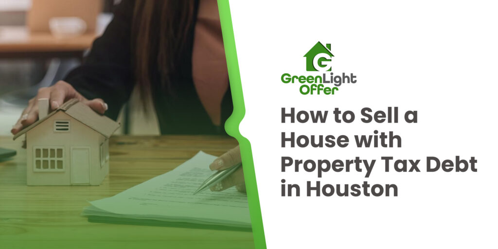 Homeowner signing documents beside model house illustrating steps to sell house with property tax debt Houston and resolve tax issues quickly