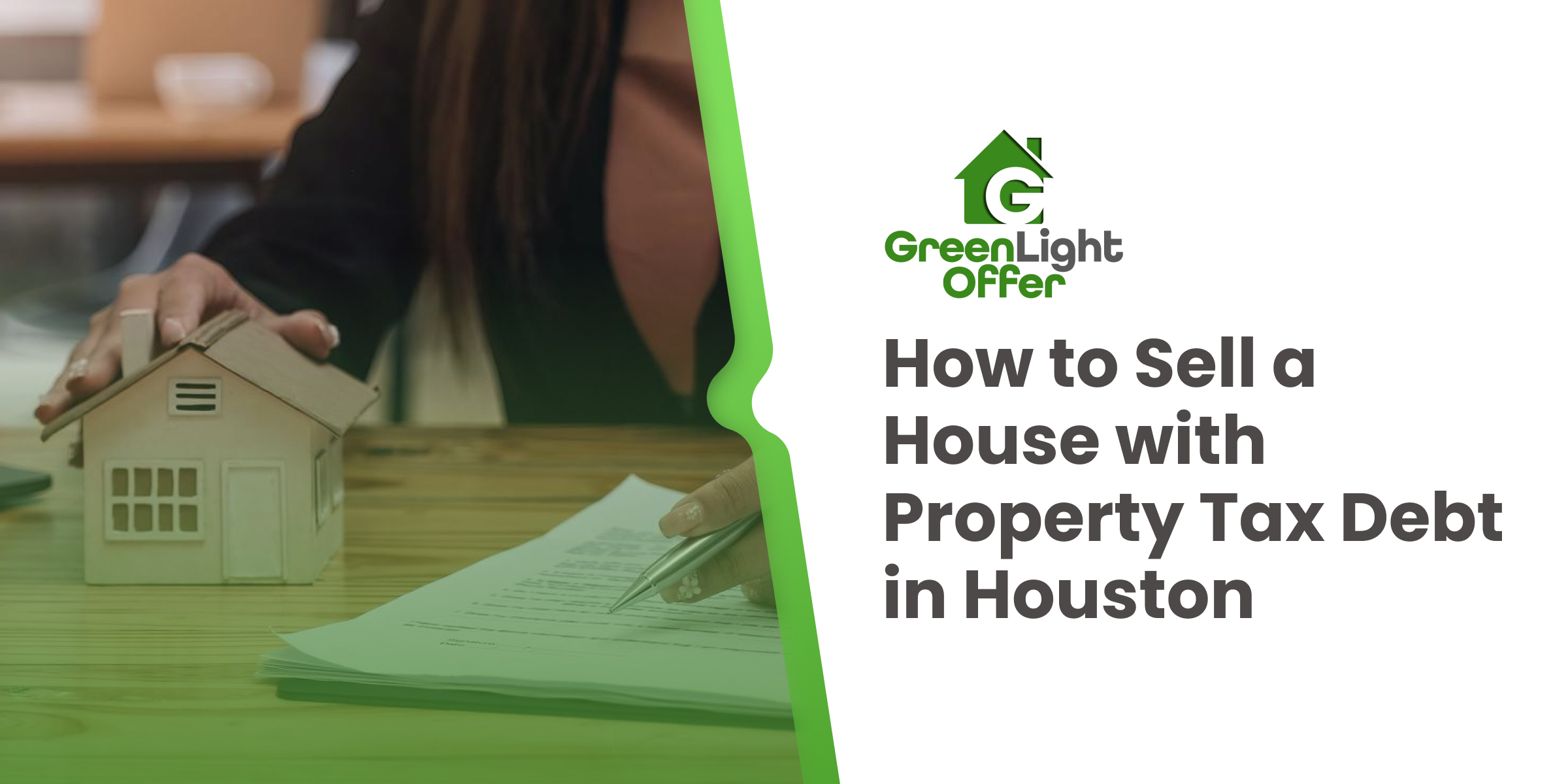 Homeowner signing documents beside model house illustrating steps to sell house with property tax debt Houston and resolve tax issues quickly