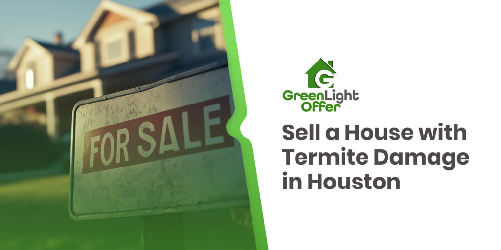 For sale sign outside a home illustrating option to sell house with termite damage Houston quickly without repairs
