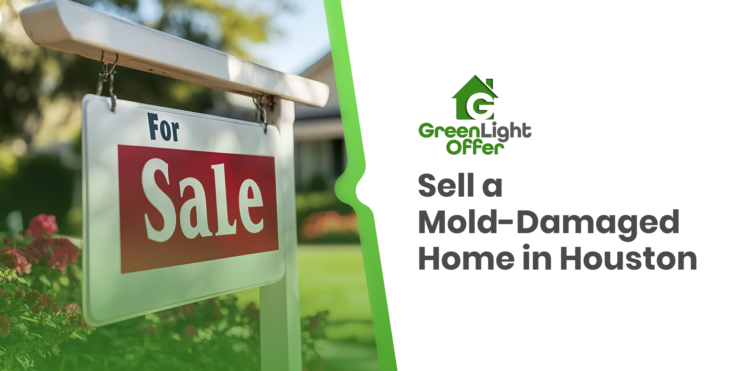 For sale sign outside home showing how to sell house with mold damage Houston fast without repairs or cleanup hassles