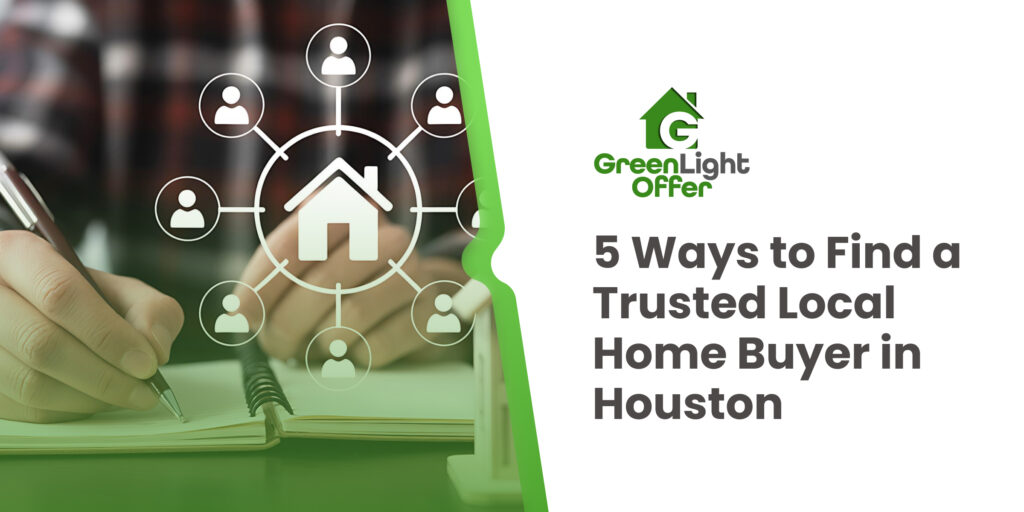 Graphic showing a home network and checklist illustrating how to choose a trusted local home buyer in Houston through research, reviews, and local expertise.