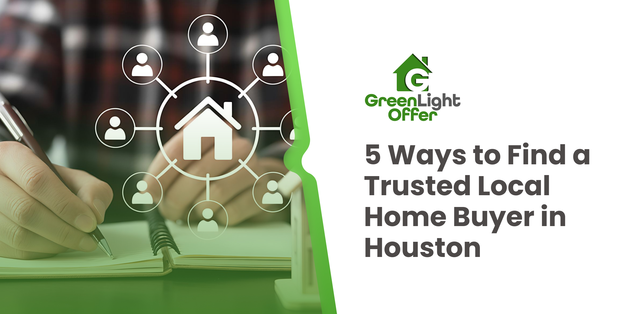 Graphic showing a home network and checklist illustrating how to choose a trusted local home buyer in Houston through research, reviews, and local expertise.
