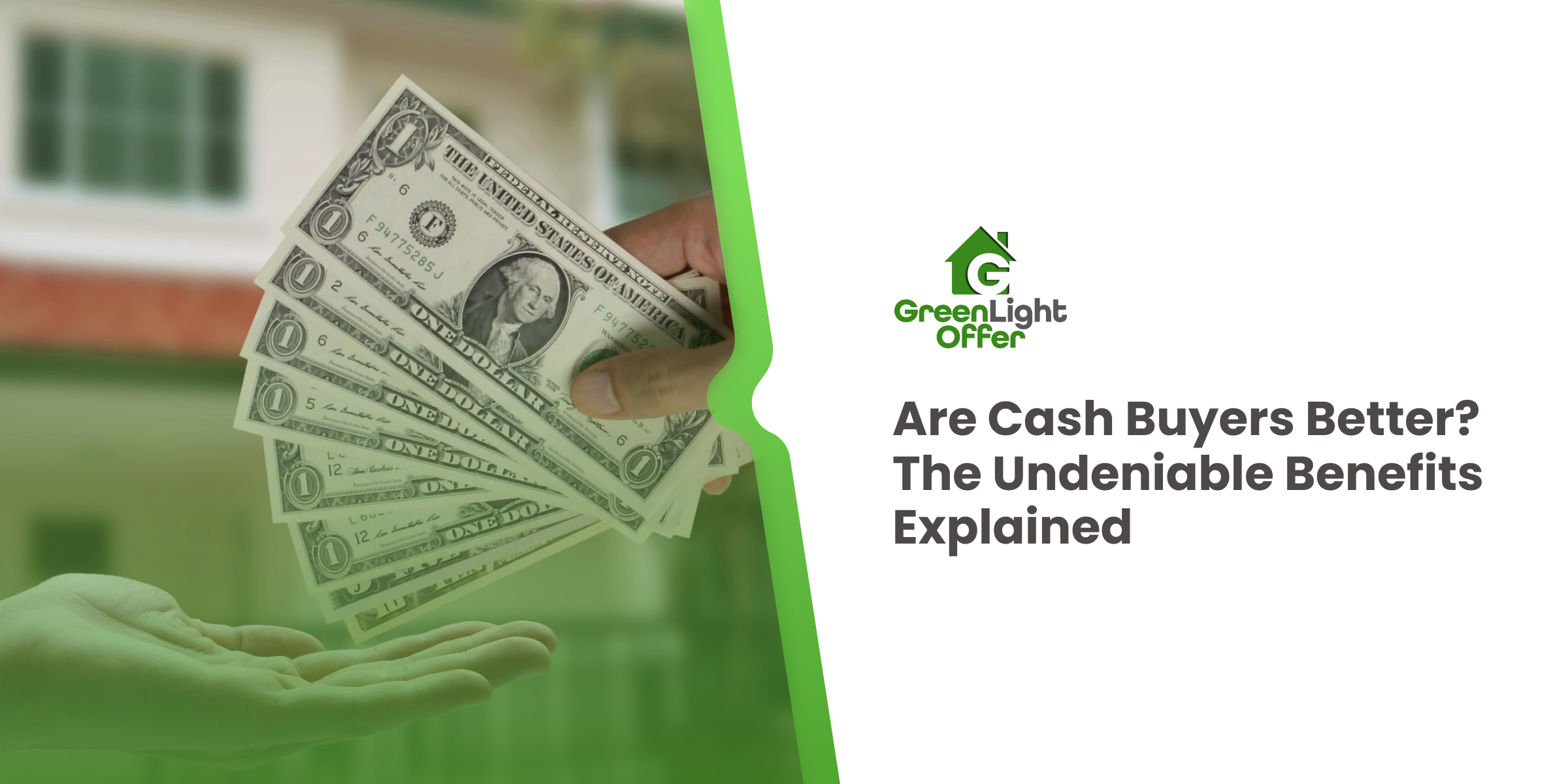 Hands exchanging cash in front of a home, illustrating cash buyers benefits such as faster closings, fewer fees, and a simpler home selling process.