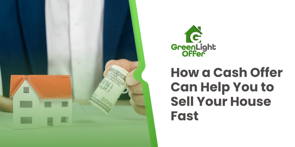 Model holding cash next to a miniature house, representing Greenlight Offer's cash home buying services to sell houses fast.