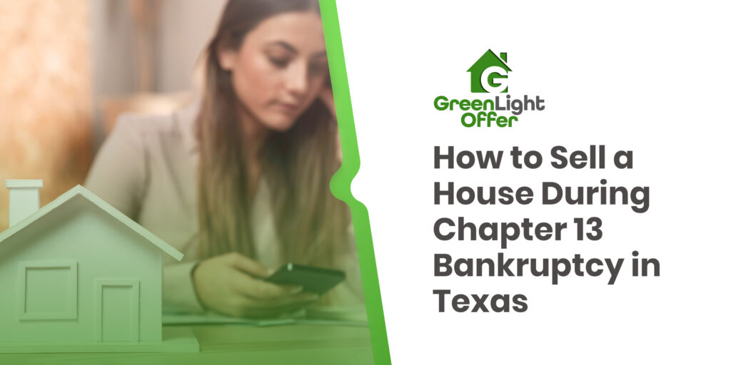 Woman reviewing finances with home model illustrating selling house during Chapter 13 bankruptcy Texas process and options