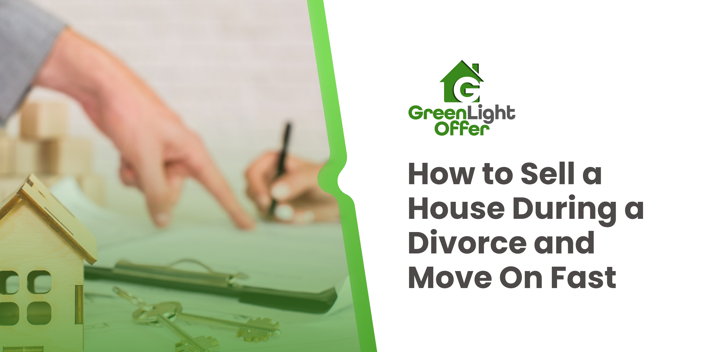 Hands signing real estate documents beside house keys and model home, showing how to sell a house during a divorce quickly and move forward.