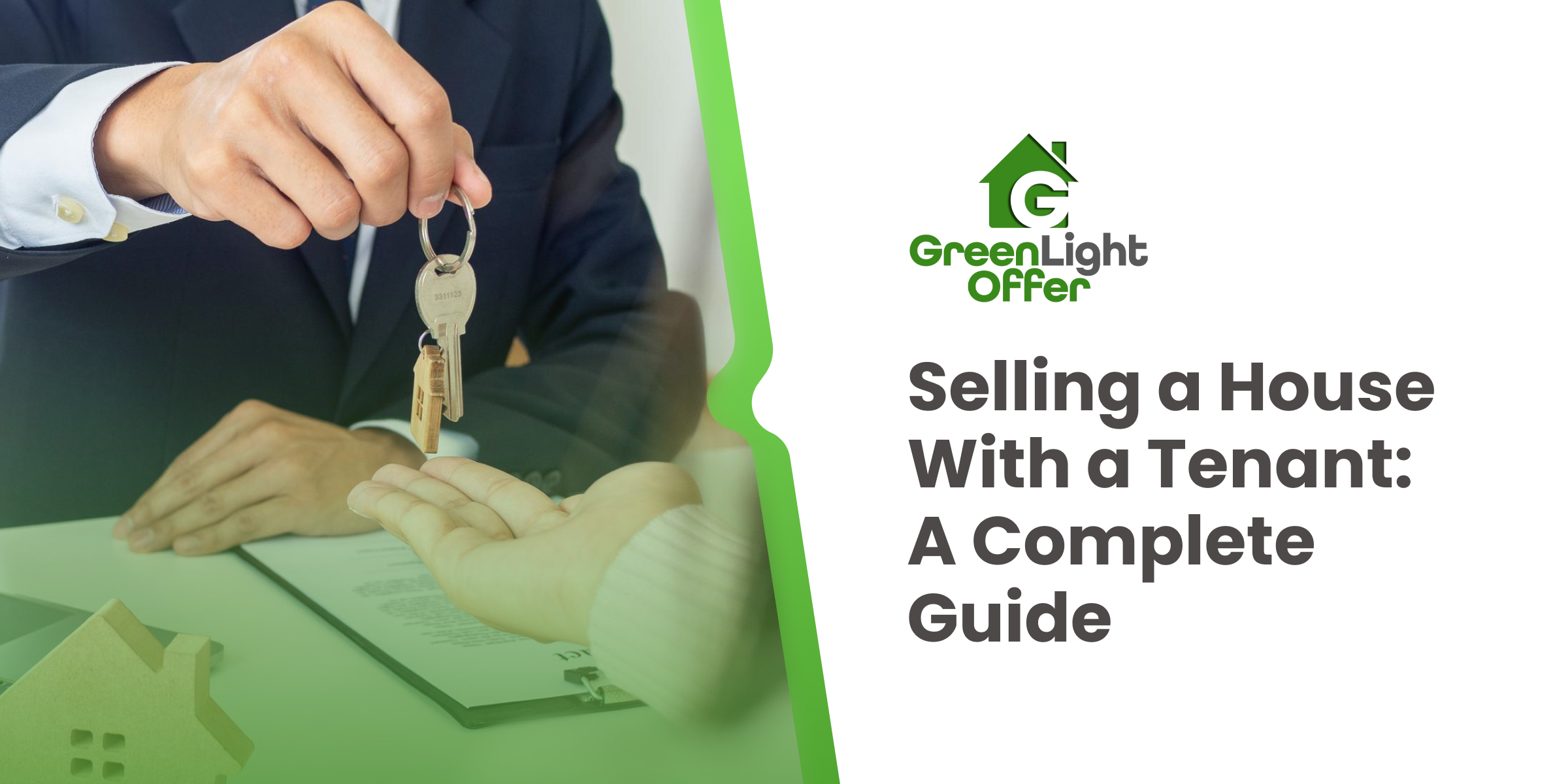 Real estate agent handing over house keys during a sale, illustrating selling a house with a tenant and the legal handover process.