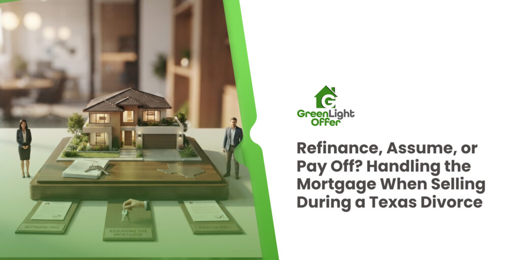 Mortgage divorce house sale Texas guide showing a home with options to refinance, assume the mortgage, or pay it off.