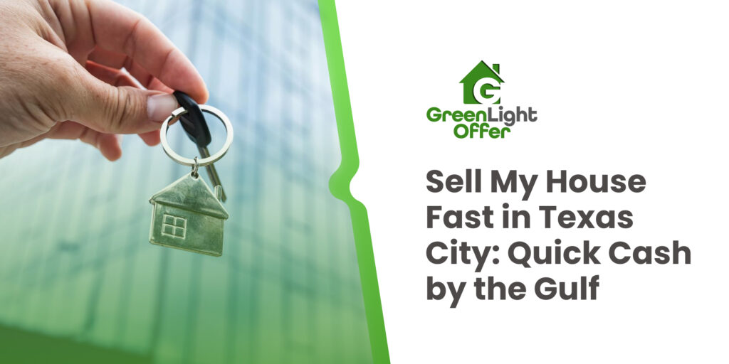Hand holding house keychain with Greenlight Offer logo, promoting quick cash home sales in Texas City.