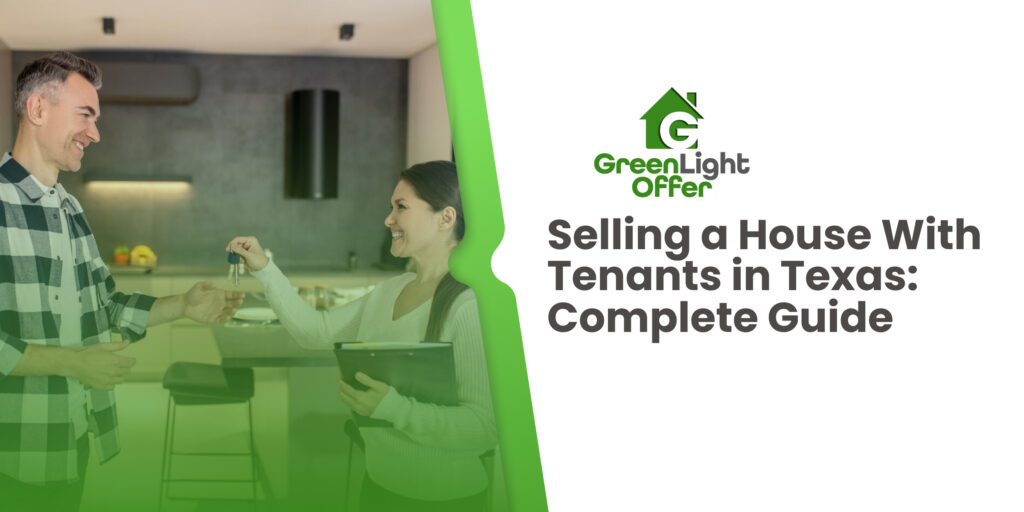 Selling a house with tenants shown as a homeowner handing keys to a buyer while reviewing documents in a modern kitchen setting.