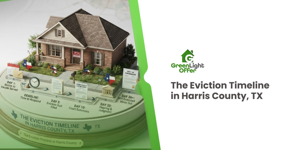 Infographic showing a 3D house model detailing the eviction timeline Harris County Texas from notice to writ execution.