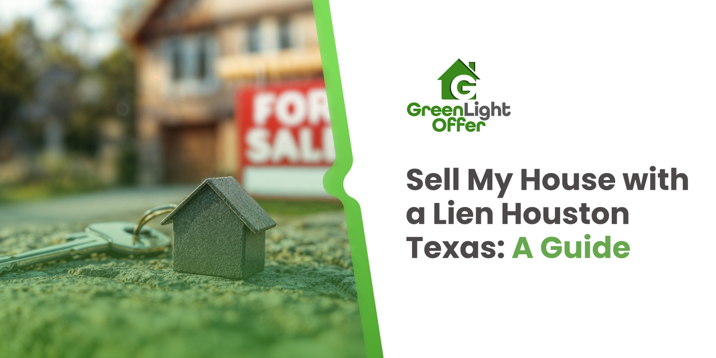 House key and miniature home model with 'For Sale' sign in background, representing selling a house with a lien in Houston, Texas.
