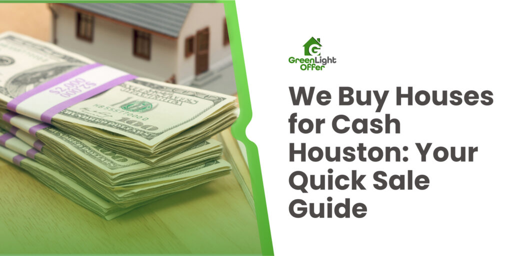 Stack of cash next to a model house, symbolizing a fast and hassle-free home sale in Houston with Greenlight Offer.