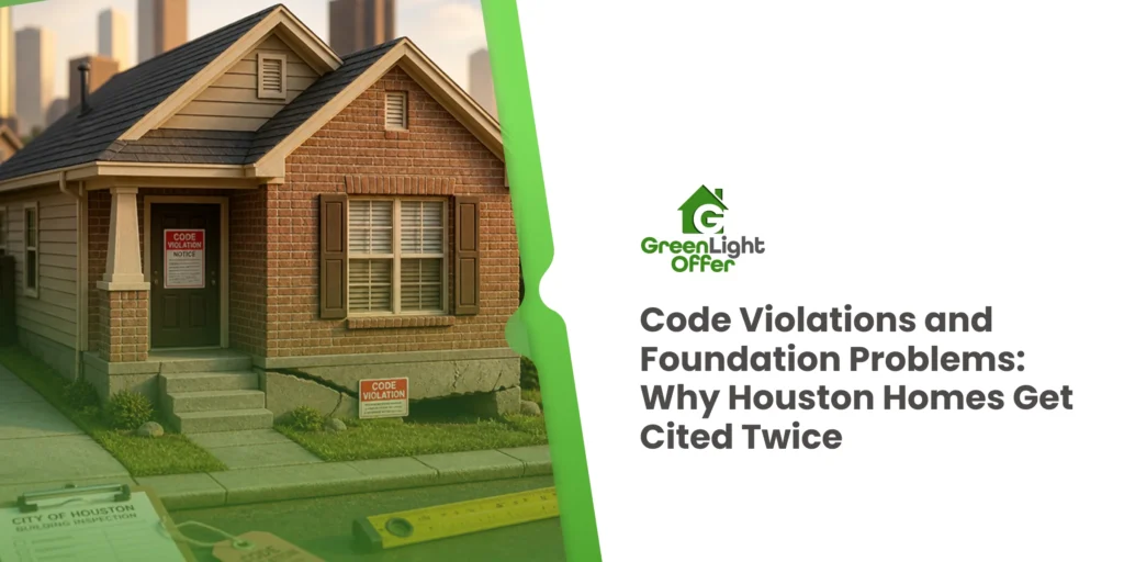 Brick home with cracks and notices highlighting a foundation code violation Houston homeowners face from citations.