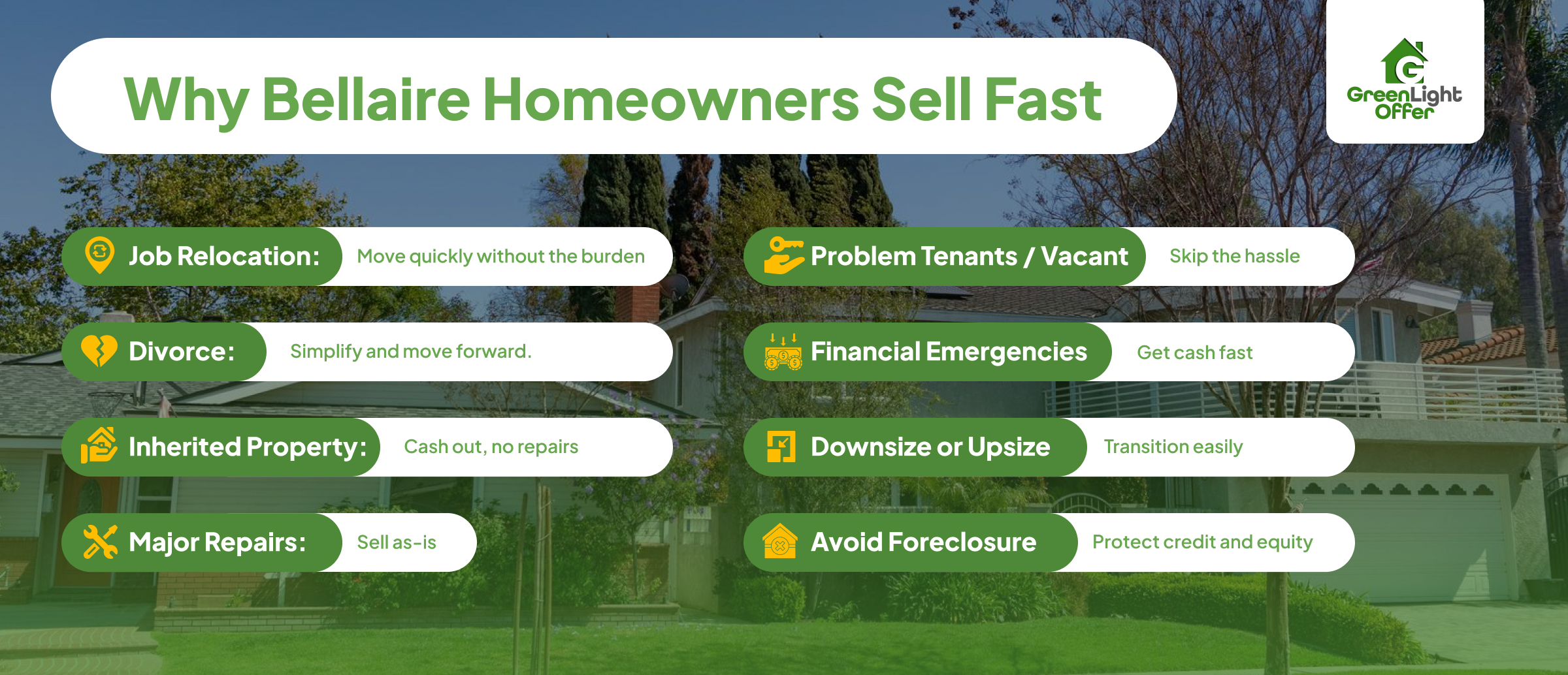 Infographic highlighting reasons Bellaire TX homeowners sell fast, including relocation, divorce, financial issues, repairs, and foreclosure.