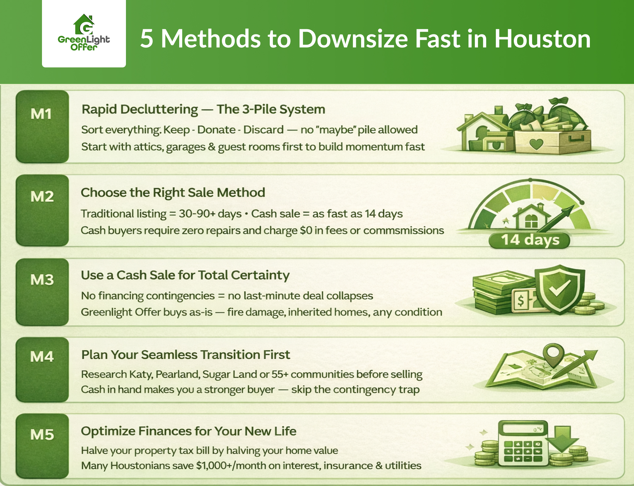 Infographic outlining strategies to downsize home quickly Houston including cash sale options, decluttering tips, and financial planning steps