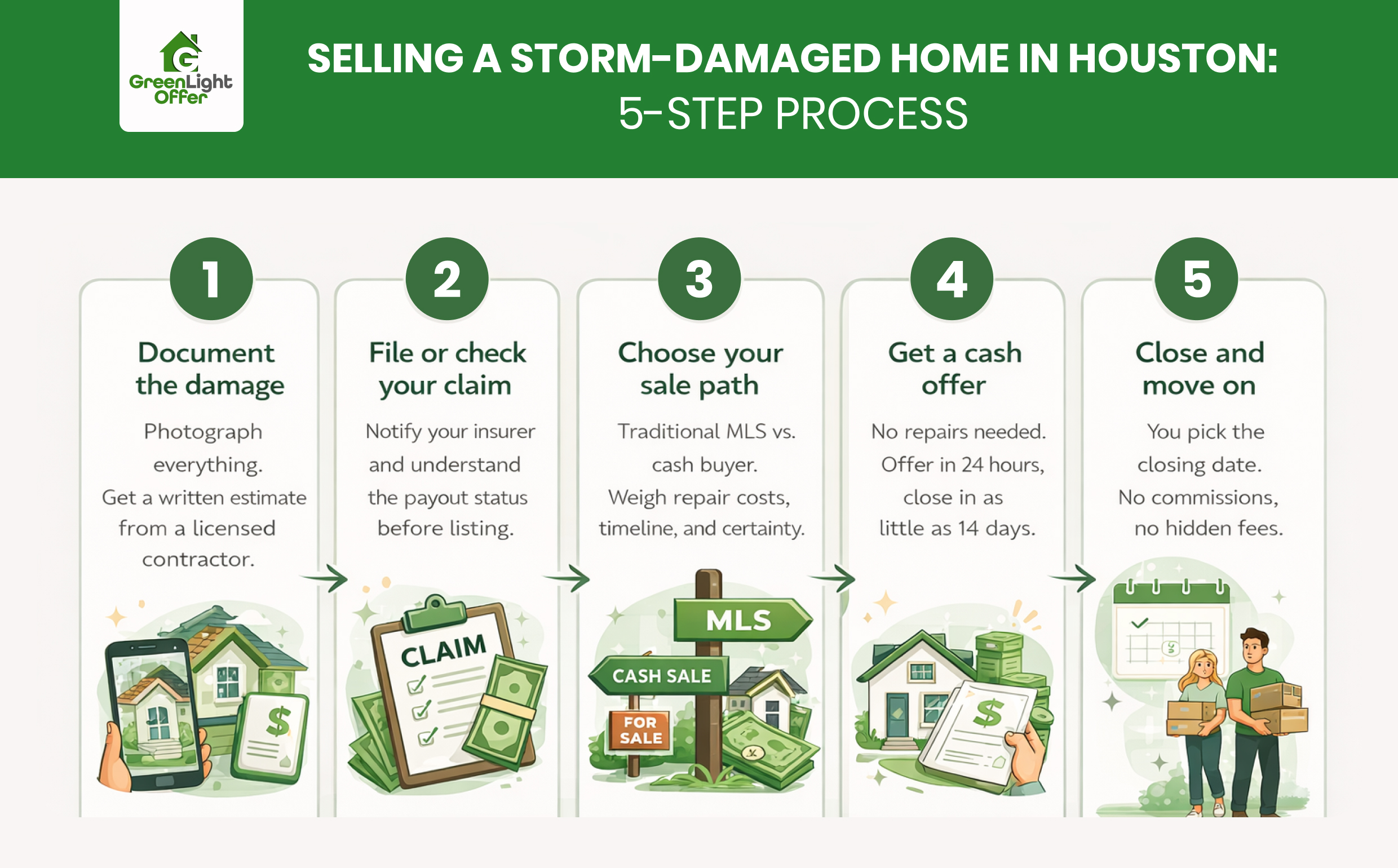 Step by step guide showing how to sell house with storm damage Houston including claims process, cash offer, and closing timeline