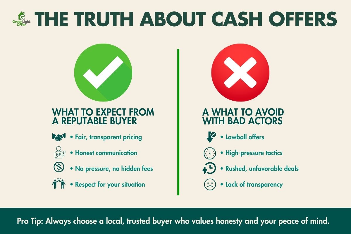 Infographic comparing reputable buyers vs. bad actors in cash home offers, highlighting fair pricing, transparency, and honesty