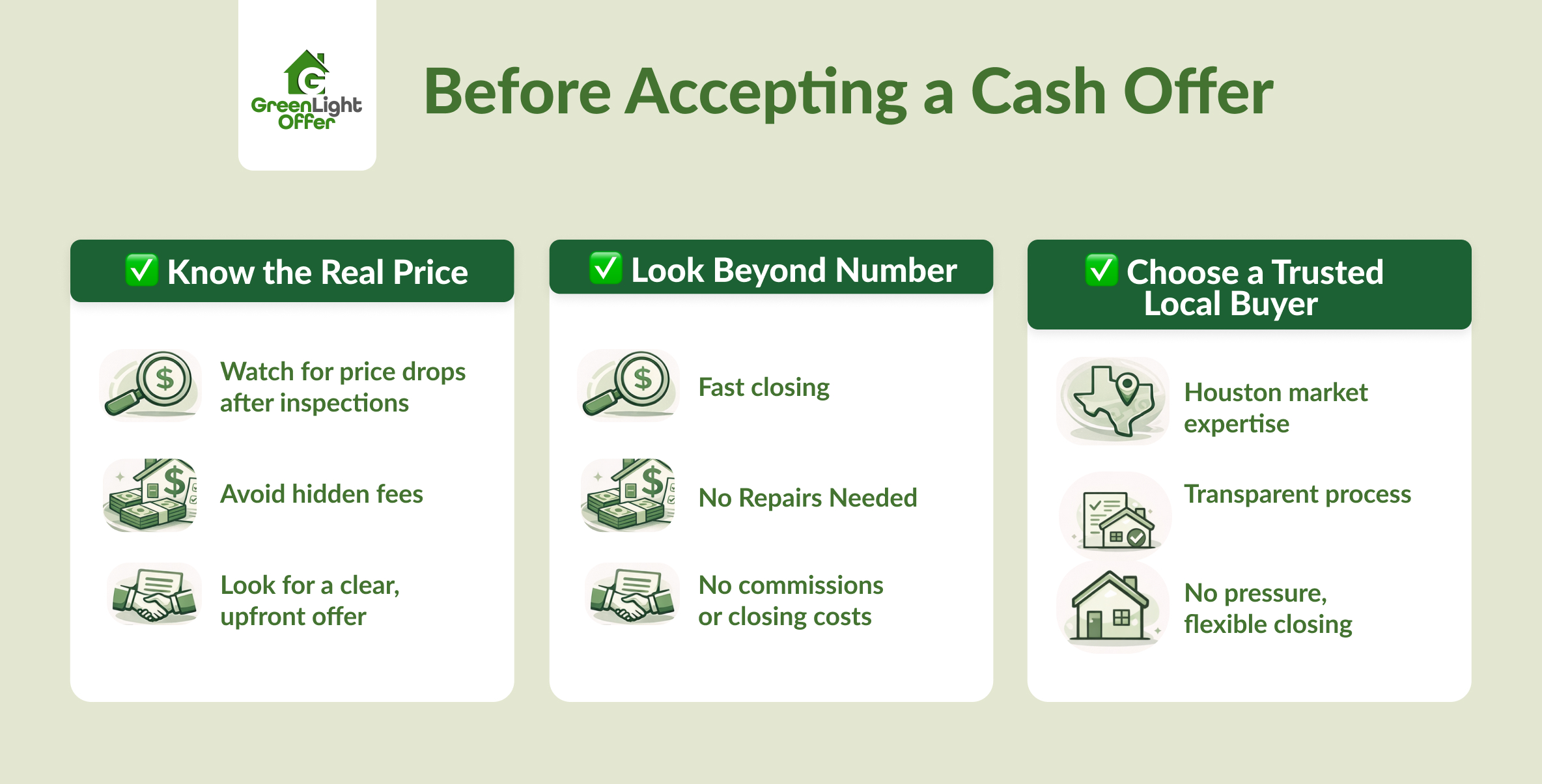 Educational infographic explaining how to evaluate best cash offers for homes, covering real pricing, fees, inspections, fast closings, and trusted local buyers