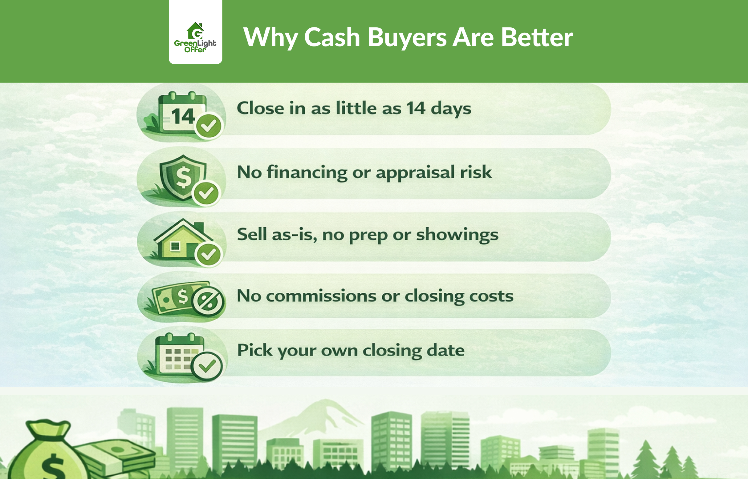 Green infographic listing cash buyers benefits, including faster closings, no financing risk, selling as-is, no commissions, and flexible closing dates.