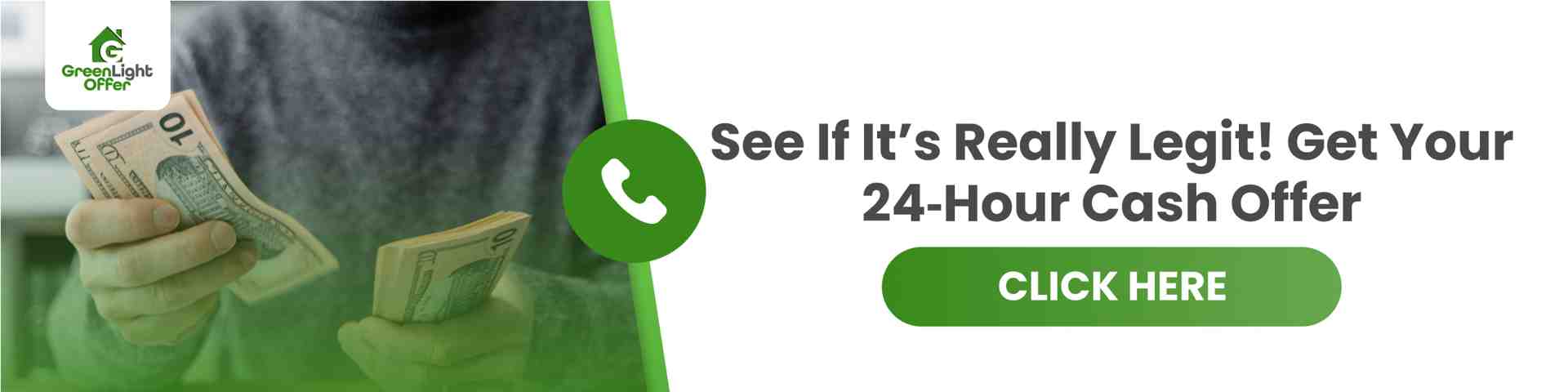 Person holding cash with text promoting a 24-hour cash offer from cash offer home buyers