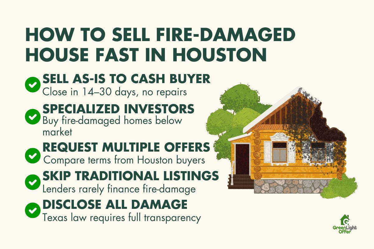 Infographic with tips on how to sell fire damaged house fast houston, including cash buyers, investors, and disclosure laws