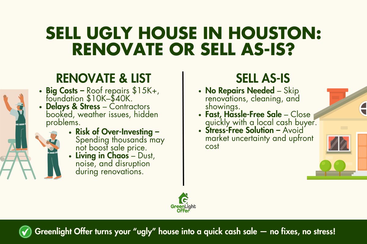 Sell Ugly House: Renovate or Sell As-Is? Infographic compares renovate-and-list vs sell as-is paths to sell ugly house in Houston, highlighting costs, delays, and benefits.