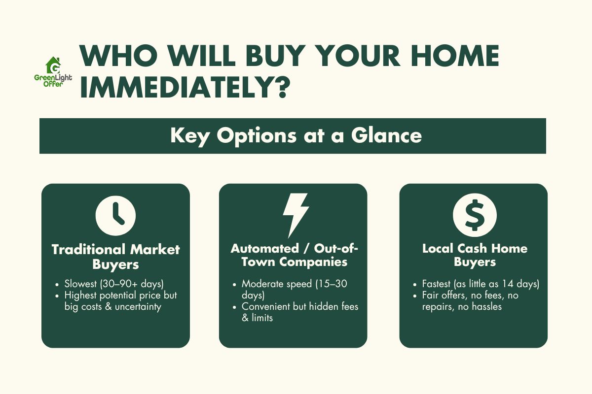Infographic of options to buy my home now: traditional buyers, out-of-town companies, and local cash buyers