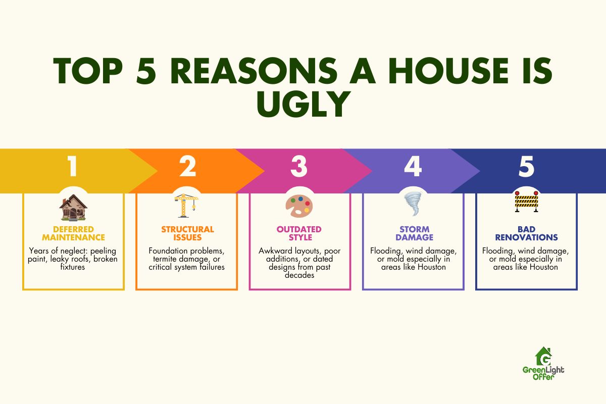 Infographic listing five reasons homes turn into ugly homes: deferred maintenance, structural issues, outdated style, storm damage, and bad renovations.