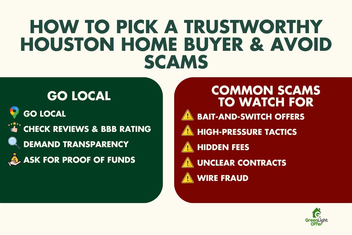Infographic explaining how to pick a trustworthy Houston home buyer, with tips to go local, check reviews, and avoid common scams.