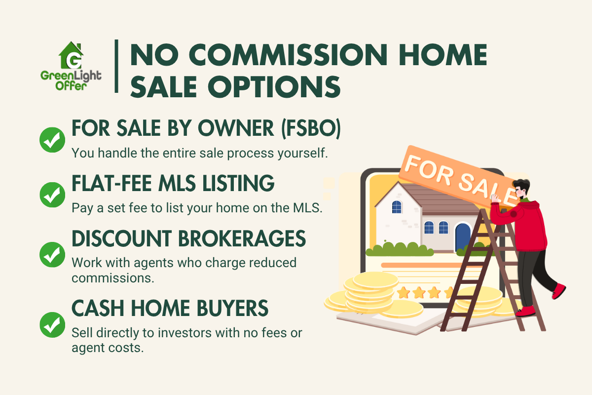No commission home sale options infographic featuring "For Sale by Owner," "Flat-Fee MLS Listing," "Discount Brokerages," and "Cash Home Buyers," with a person placing a "For Sale" sign next to a house, emphasizing alternatives to traditional real estate commissions.