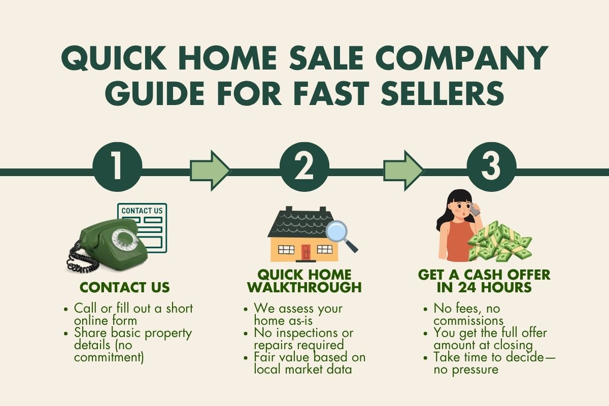 Infographic shows three-step process to sell fast: contact, home walkthrough, and cash offer in 24 hours with cash buyers houston texas