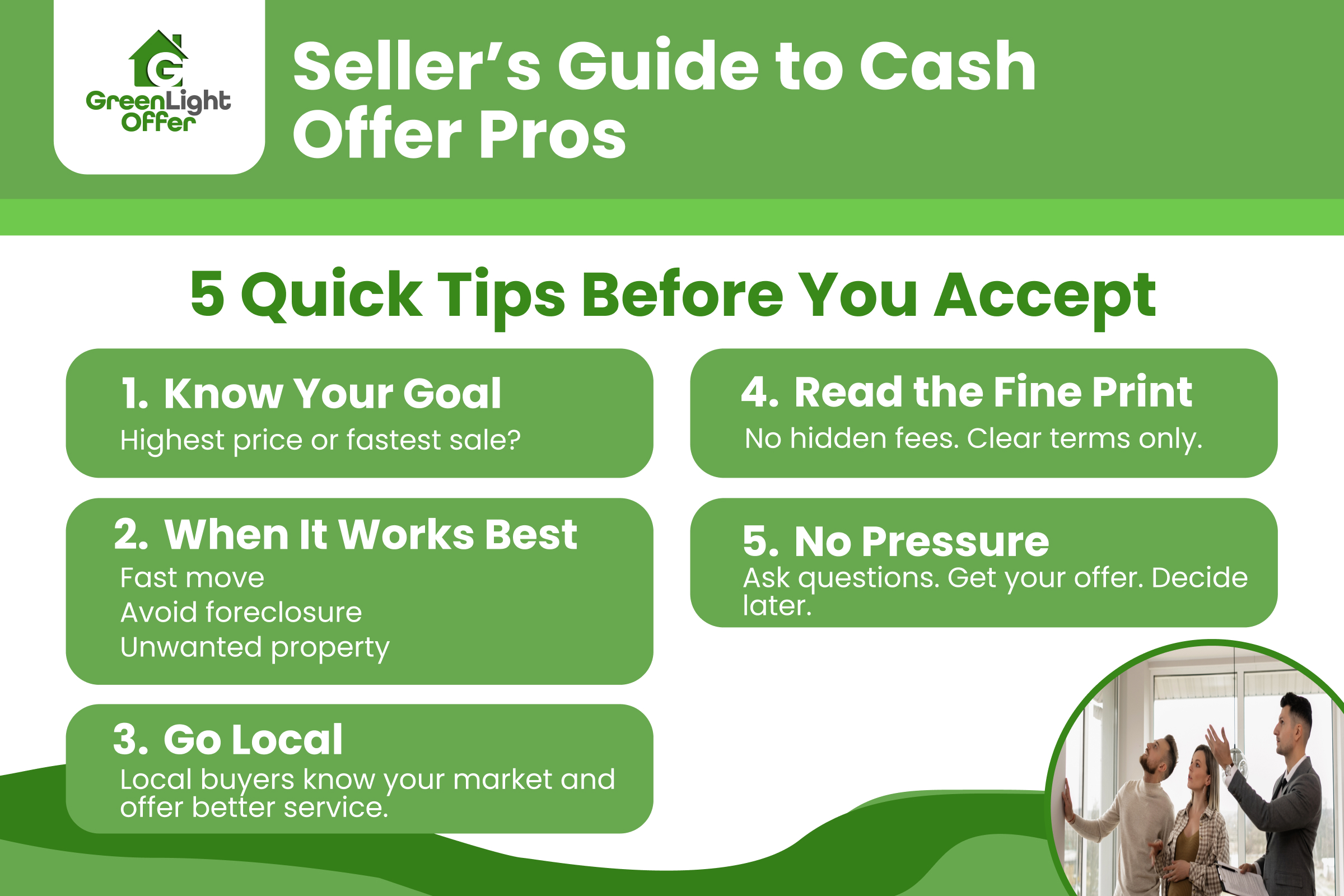 Seller's Guide to Cash Offer Pros with tips on evaluating cash offers, including knowing goals, timing for sales, and choosing local buyers for better service.